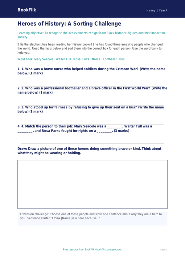 Free Black History Activity Sheet | Year 4 Supported | BookFlik worksheet preview — History Black History