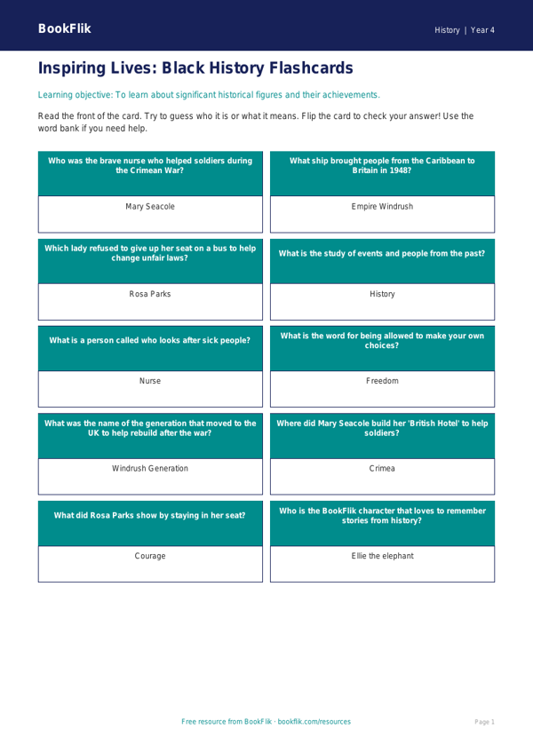 Free Black History Flashcards | Year 4 Supported | BookFlik worksheet preview — History Black History