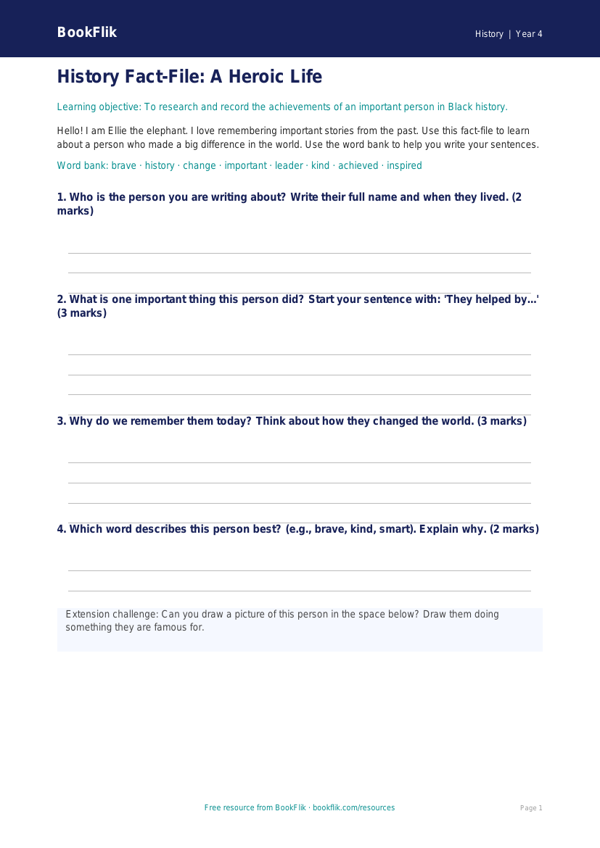 Free Black History Template | Year 4 Supported | BookFlik worksheet preview — History Black History