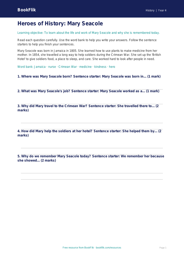 Free Black History Worksheet | Year 4 Supported | BookFlik worksheet preview — History Black History