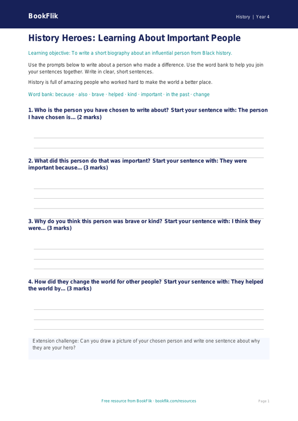 Free Black History Writing Frame | Year 4 Supported | BookFlik worksheet preview — History Black History