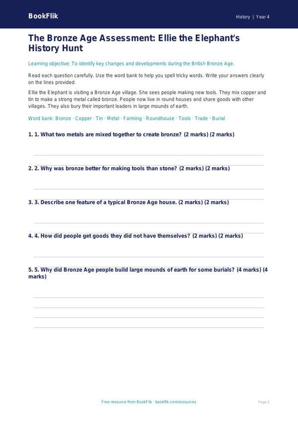 Free Bronze Age Assessment | Year 4 Supported | BookFlik worksheet preview — History Bronze Age
