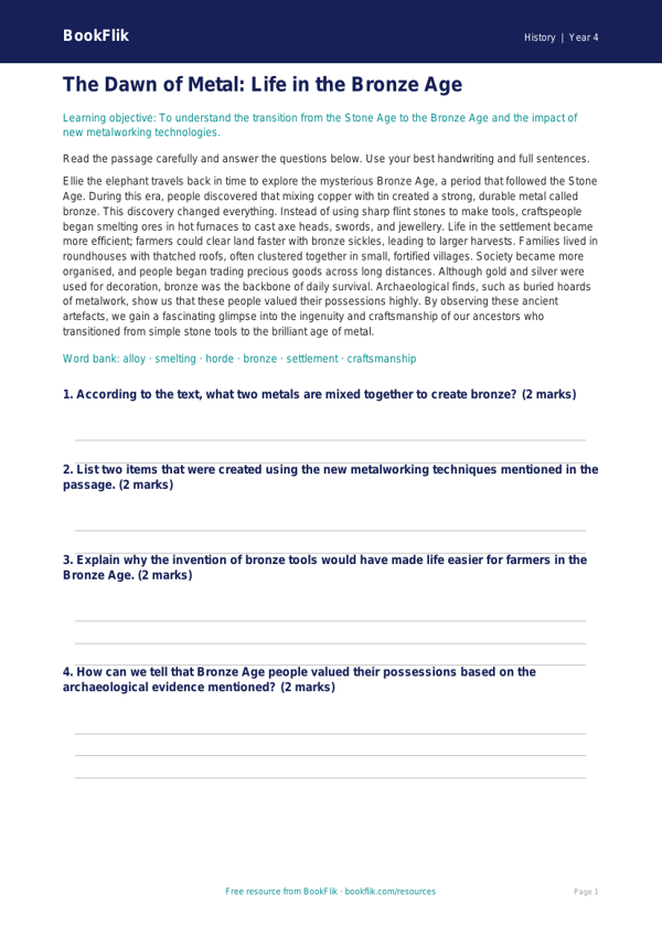 Free Bronze Age Comprehension | Year 4 Greater Depth | BookFlik worksheet preview — History Bronze Age