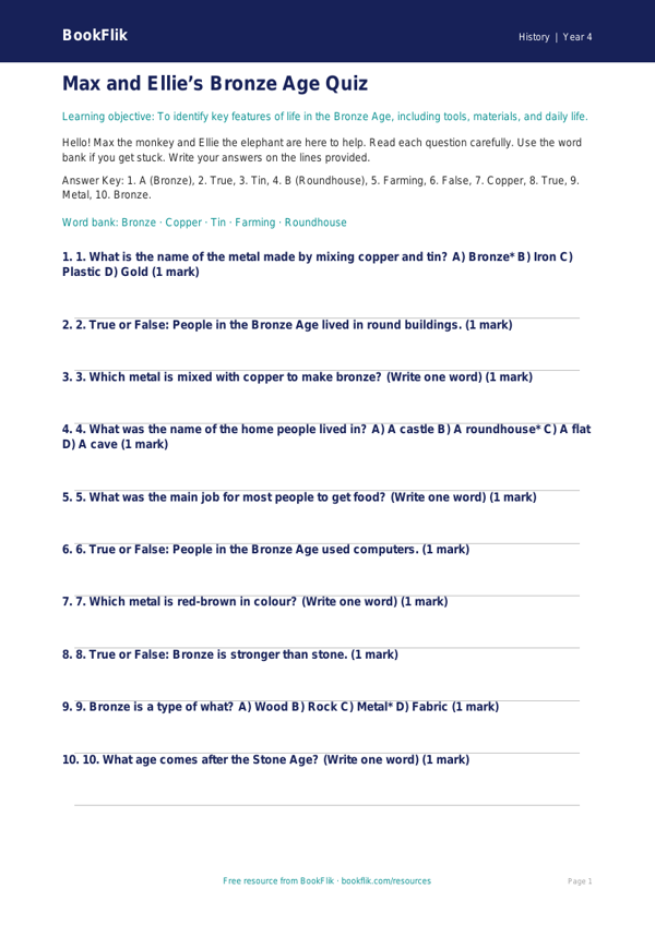 Free Bronze Age Quiz | Year 4 Supported | BookFlik worksheet preview — History Bronze Age
