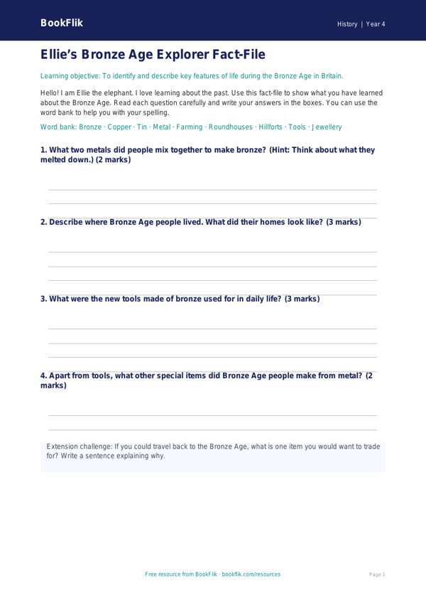 Free Bronze Age Worksheet | Year 4 History Activity | BookFlik worksheet preview — History Bronze Age