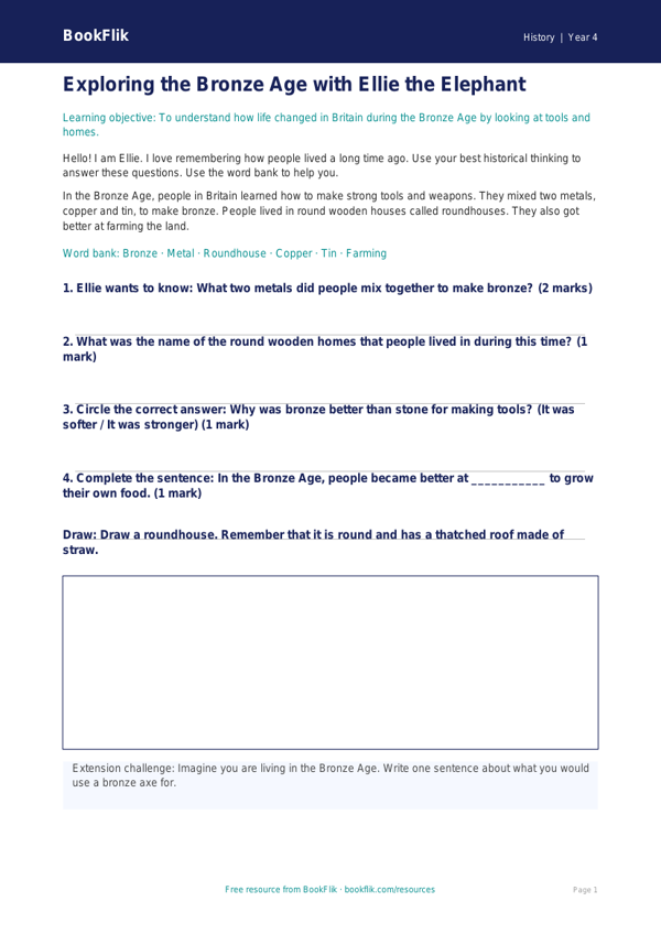 Free Bronze Age Worksheet | Year 4 Supported | BookFlik worksheet preview — History Bronze Age
