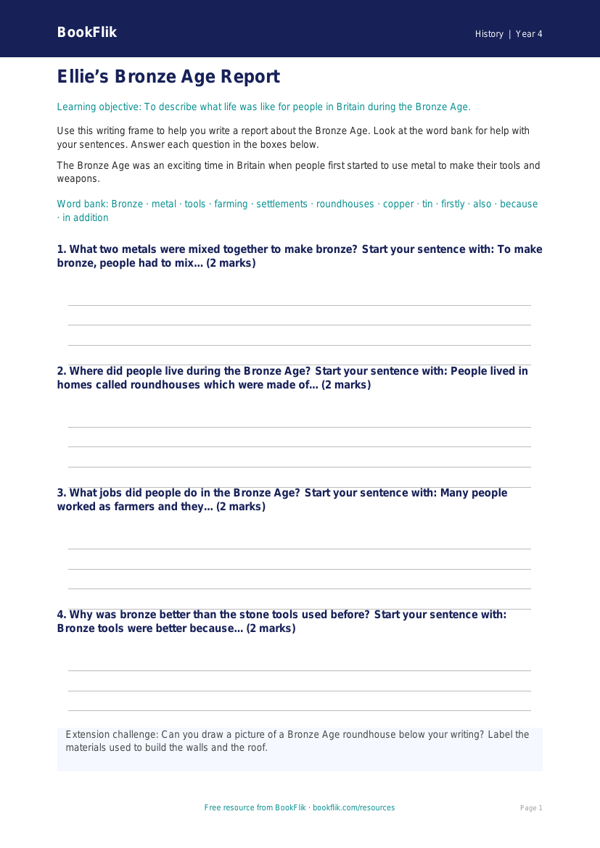 Free Bronze Age Writing Frame | Year 4 Supported | BookFlik worksheet preview — History Bronze Age