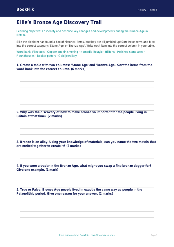 Free Bronze Age Activity Sheet | Year 5 Core | BookFlik worksheet preview — History Bronze Age