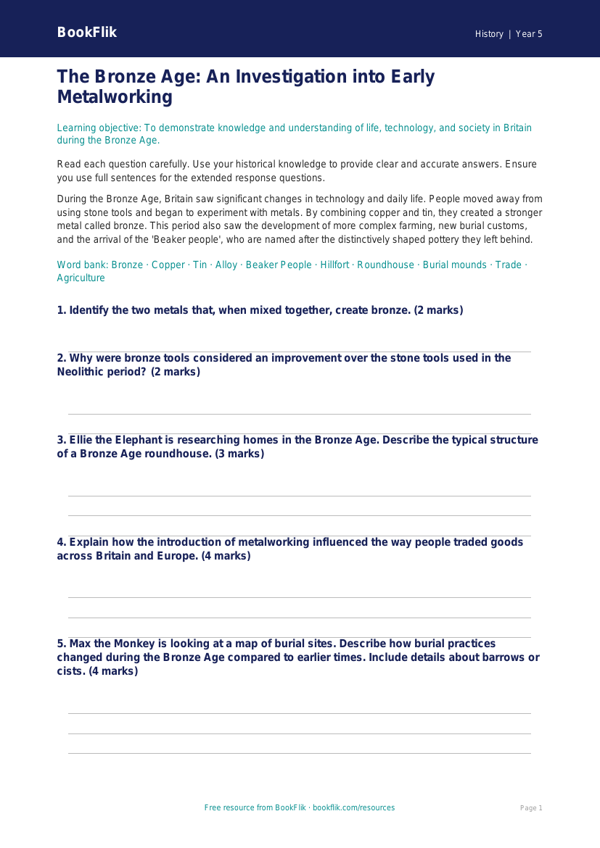 Free Bronze Age Assessment | Year 5 Core | BookFlik worksheet preview — History Bronze Age
