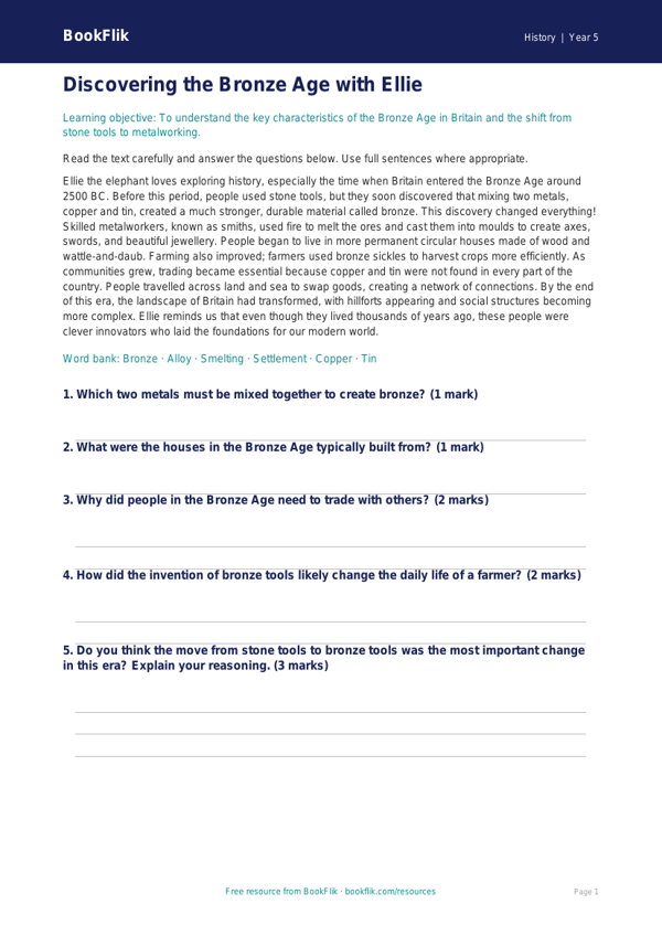 Free Bronze Age Comprehension | Year 5 Core | BookFlik worksheet preview — History Bronze Age