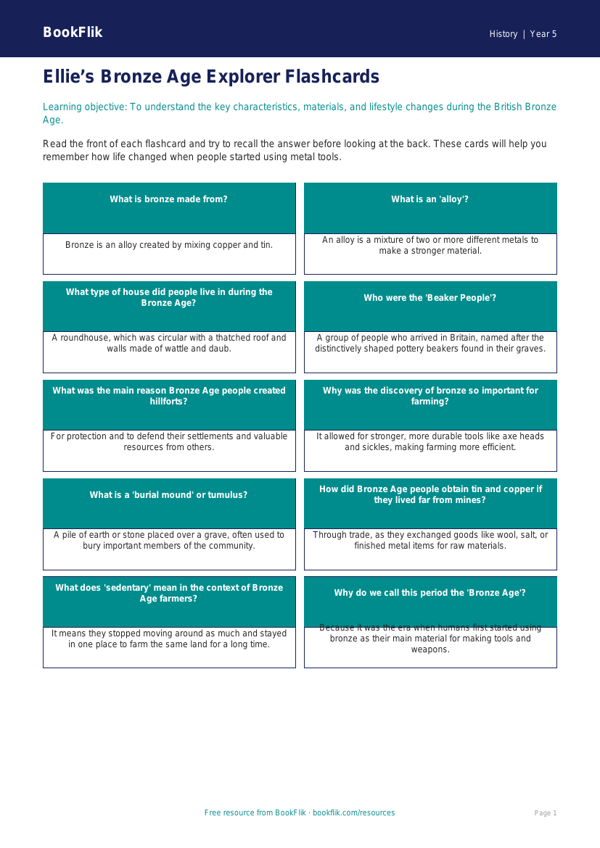 Free Bronze Age Flashcards | Year 5 History Resource | BookFlik worksheet preview — History Bronze Age