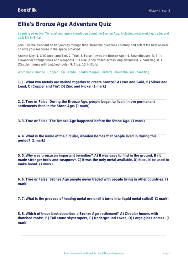 Free Bronze Age Quiz | Year 5 Core | BookFlik worksheet preview — History Bronze Age