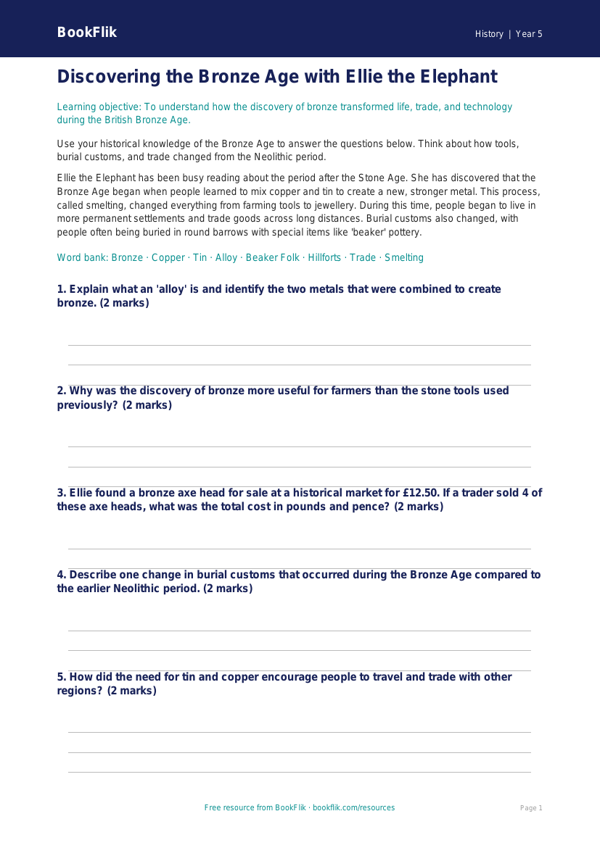 Free Bronze Age Worksheet | Year 5 Core | BookFlik worksheet preview — History Bronze Age