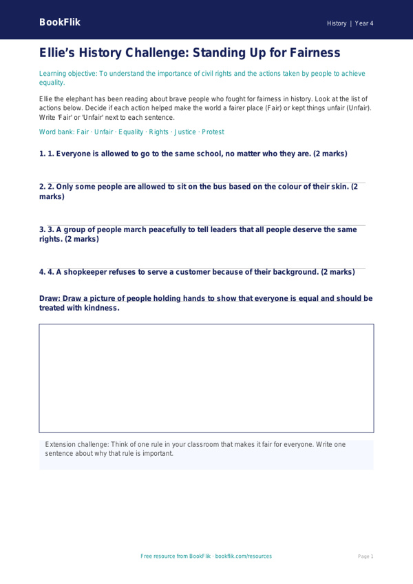 Free Civil Rights Activity Sheet | Year 4 Supported | BookFlik worksheet preview — History Civil Rights