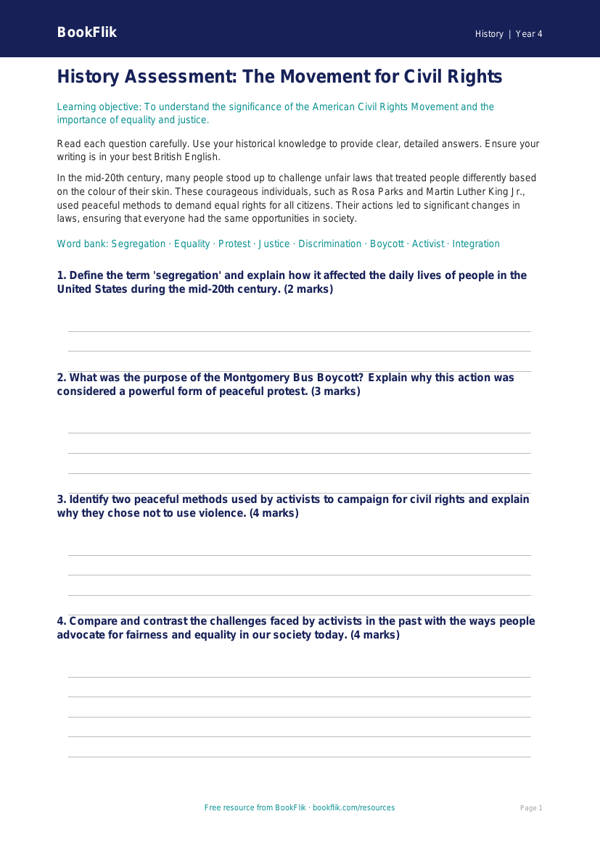 Free Civil Rights Assessment | Year 4 Greater Depth | BookFlik worksheet preview — History Civil Rights