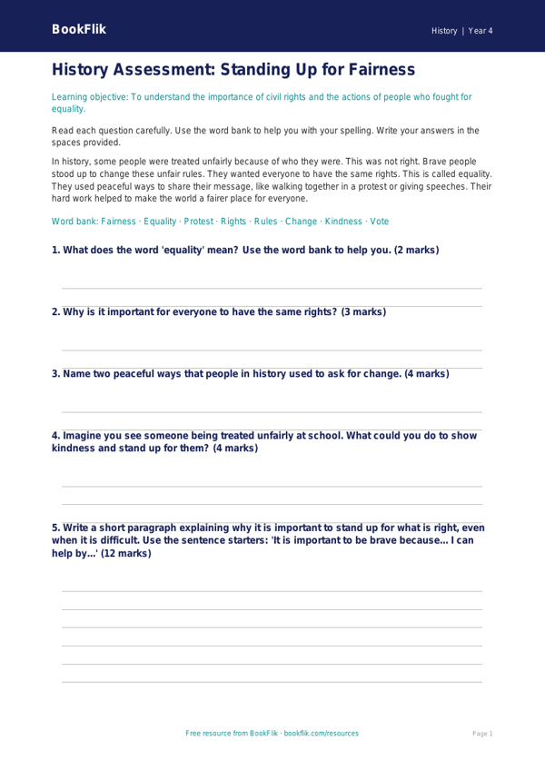 Free Civil Rights Assessment | Year 4 Supported | BookFlik worksheet preview — History Civil Rights