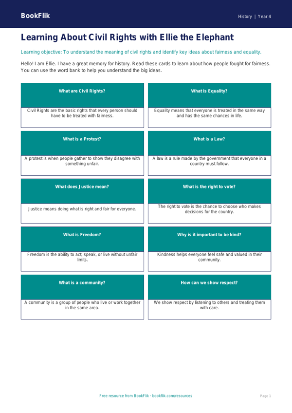 Free Civil Rights Flashcards | Year 4 Supported | BookFlik worksheet preview — History Civil Rights
