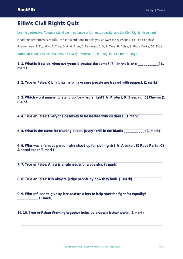 Free Civil Rights Quiz | Year 4 Supported | BookFlik worksheet preview — History Civil Rights