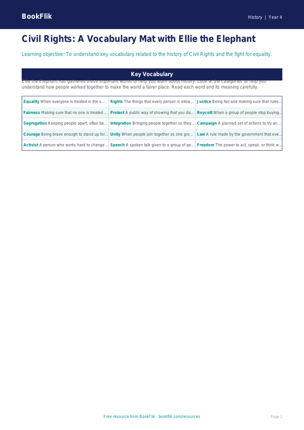 Free Civil Rights Word Mat | Year 4 Supported | BookFlik worksheet preview — History Civil Rights