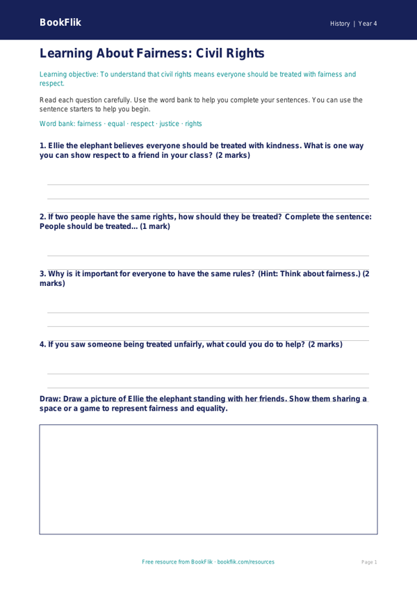 Free Civil Rights Worksheet | Year 4 Supported | BookFlik worksheet preview — History Civil Rights