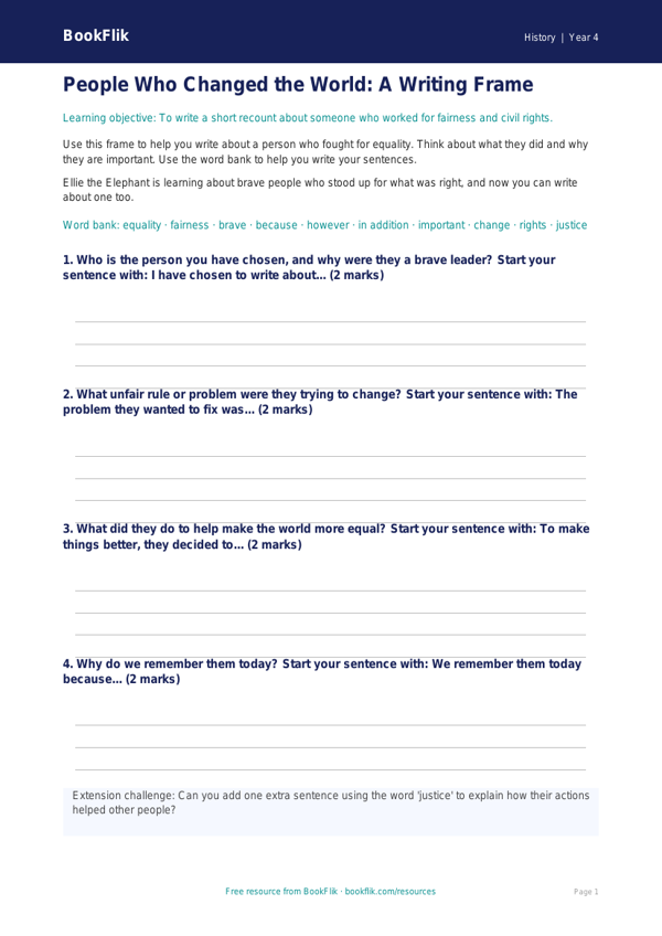 Free Civil Rights Writing Frame | Year 4 Supported | BookFlik worksheet preview — History Civil Rights