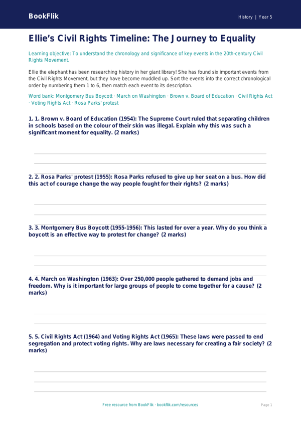 Free Civil Rights Activity Sheet | Year 5 Core | BookFlik worksheet preview — History Civil Rights