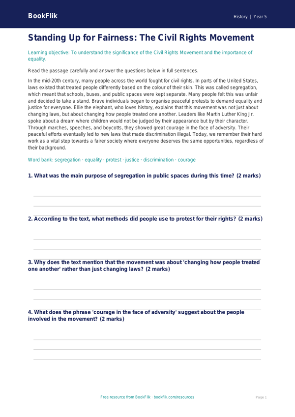 Free Civil Rights Comprehension | Year 5 Core | BookFlik worksheet preview — History Civil Rights