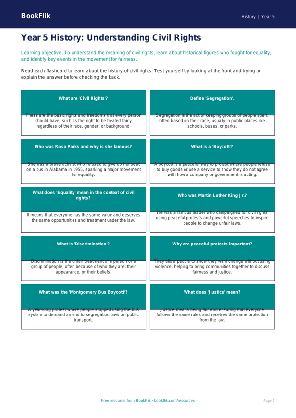 Free Civil Rights Flashcards | Year 5 Core | BookFlik worksheet preview — History Civil Rights