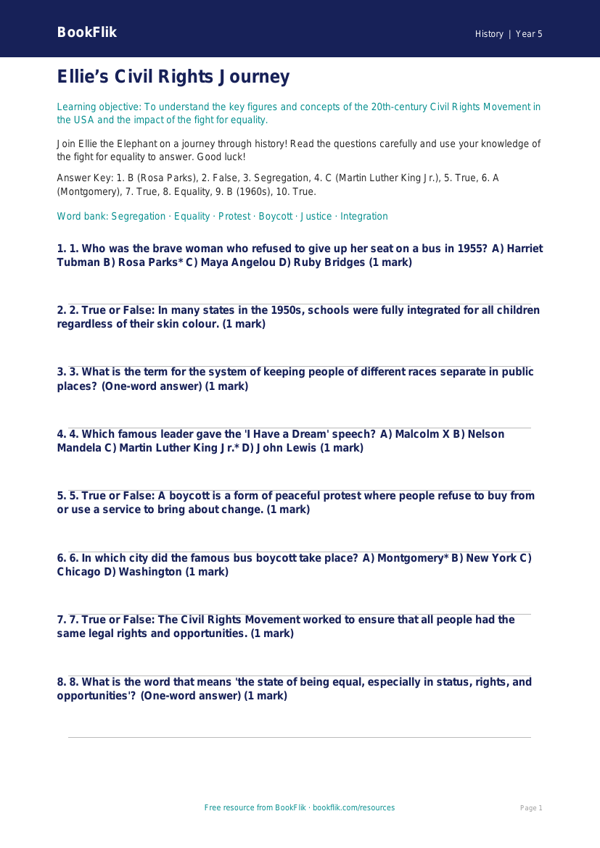 Free Civil Rights Quiz | Year 5 Core | BookFlik worksheet preview — History Civil Rights
