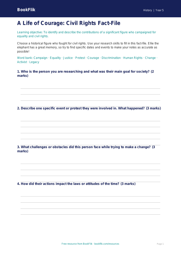 Free Civil Rights Worksheet | Year 5 History | BookFlik worksheet preview — History Civil Rights
