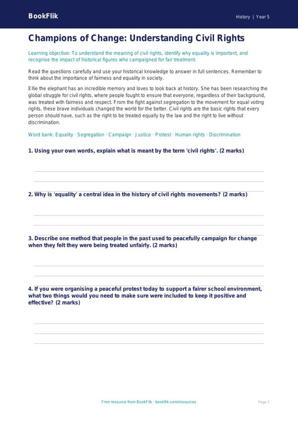 Free Civil Rights Worksheet | Year 5 Core | BookFlik worksheet preview — History Civil Rights