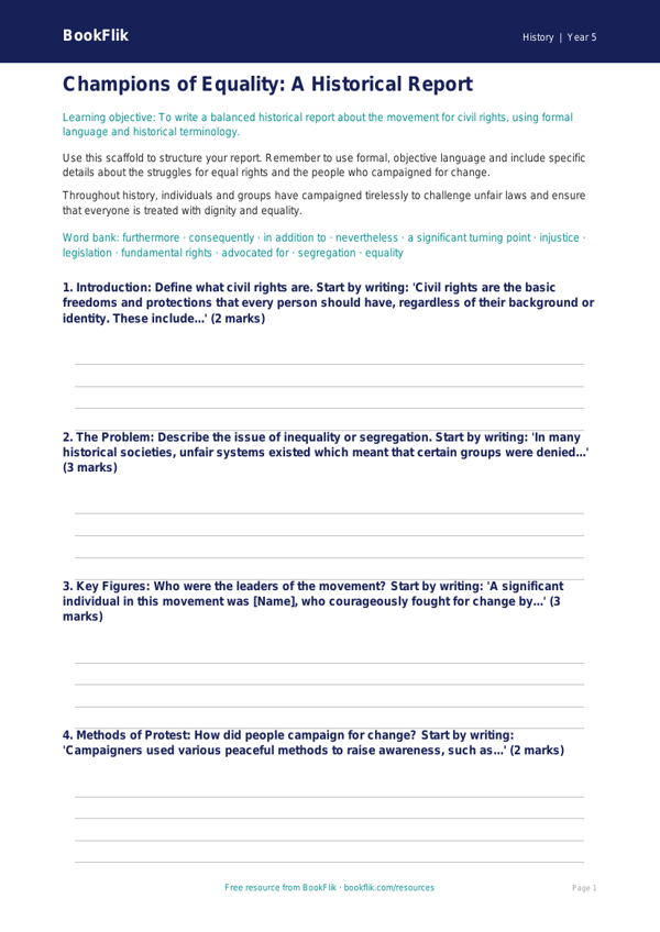 Free Civil Rights Writing Frame | Year 5 Core | BookFlik worksheet preview — History Civil Rights