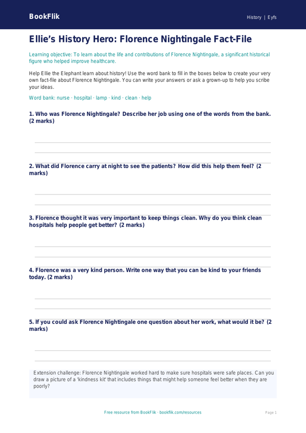 Free Florence Nightingale Worksheet | EYFS History | BookFlik worksheet preview — History Florence Nightingale