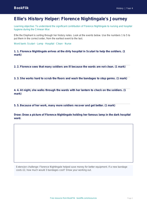 Free Florence Nightingale Activity Sheet | Year 4 Supported | BookFlik worksheet preview — History Florence Nightingale