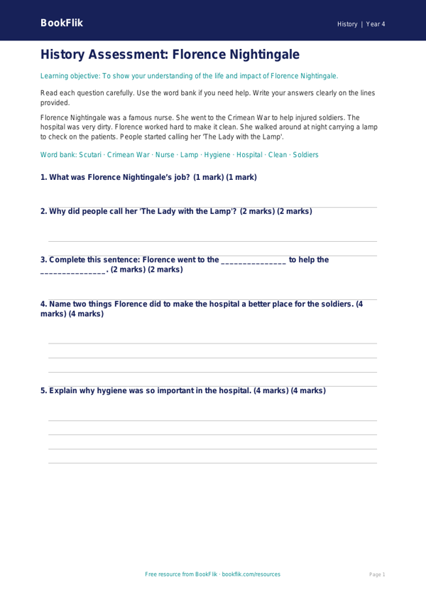 Free Florence Nightingale Assessment | Year 4 Supported | BookFlik worksheet preview — History Florence Nightingale