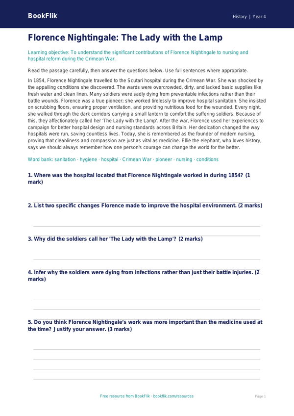 Free Florence Nightingale Comprehension | Year 4 Greater Depth | BookFlik worksheet preview — History Florence Nightingale