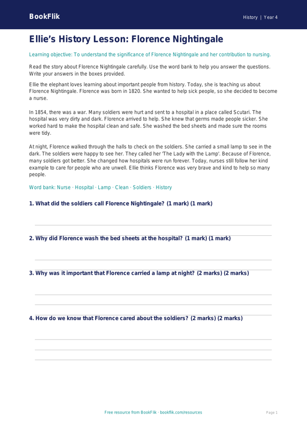 Free Florence Nightingale Comprehension | Year 4 Supported | BookFlik worksheet preview — History Florence Nightingale