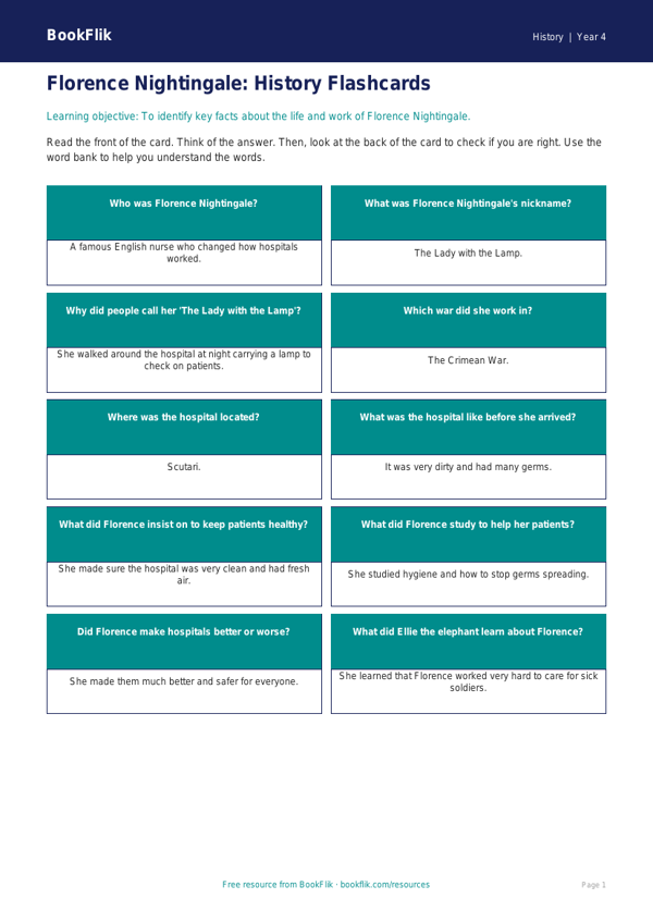 Free Florence Nightingale Flashcards | Year 4 Supported | BookFlik worksheet preview — History Florence Nightingale