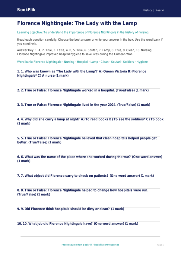Free Florence Nightingale Quiz | Year 4 Supported | BookFlik worksheet preview — History Florence Nightingale