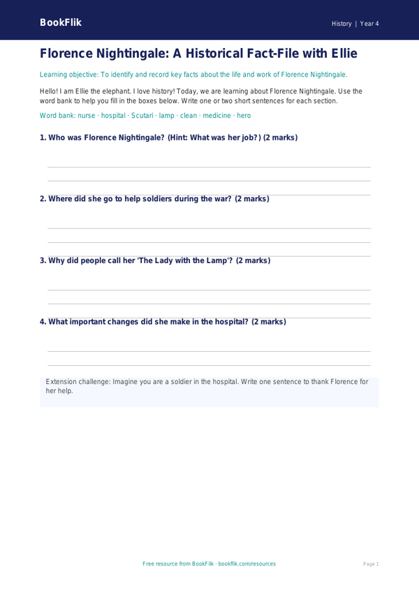 Free Florence Nightingale Template | Year 4 Supported | BookFlik worksheet preview — History Florence Nightingale