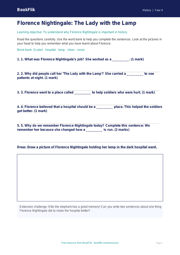 Free Florence Nightingale Worksheet | Year 4 Supported | BookFlik worksheet preview — History Florence Nightingale