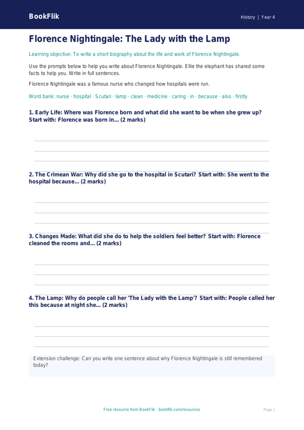 Free Florence Nightingale Writing Frame | Year 4 Supported | BookFlik worksheet preview — History Florence Nightingale