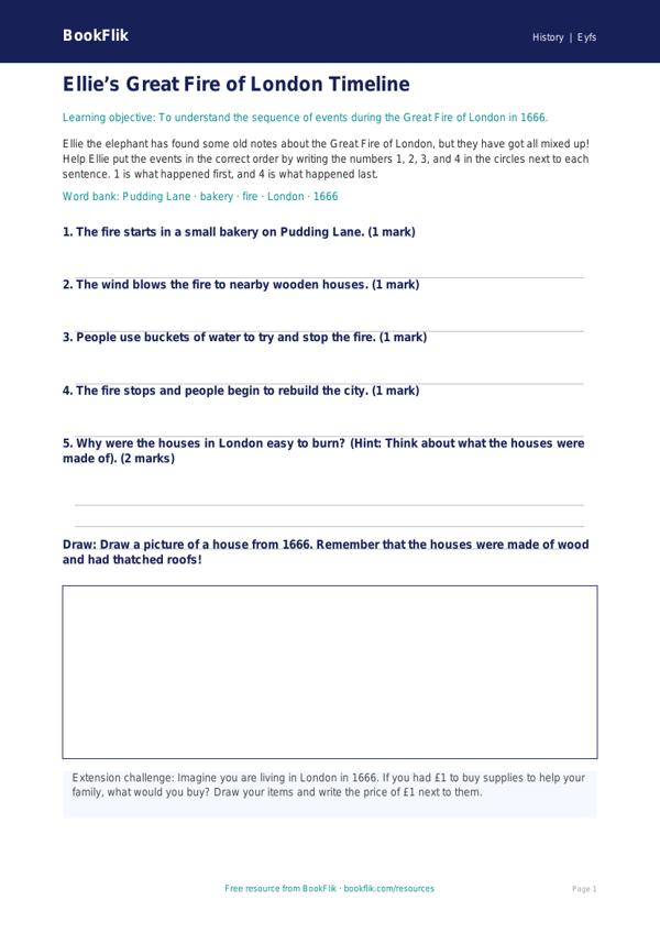 Free Great Fire Of London Activity Sheet | EYFS Core | BookFlik worksheet preview — History Great Fire Of London
