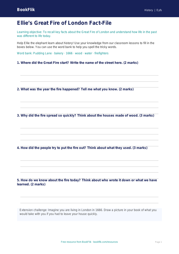 Free Great Fire Of London Template | EYFS Core | BookFlik worksheet preview — History Great Fire Of London