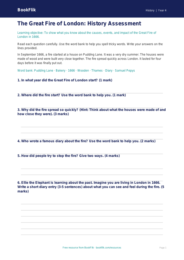 Free Great Fire Of London Assessment | Year 4 Supported | BookFlik worksheet preview — History Great Fire Of London
