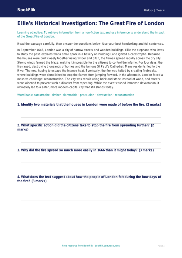 Free Great Fire Of London Comprehension | Year 4 Greater Depth | BookFlik worksheet preview — History Great Fire Of London