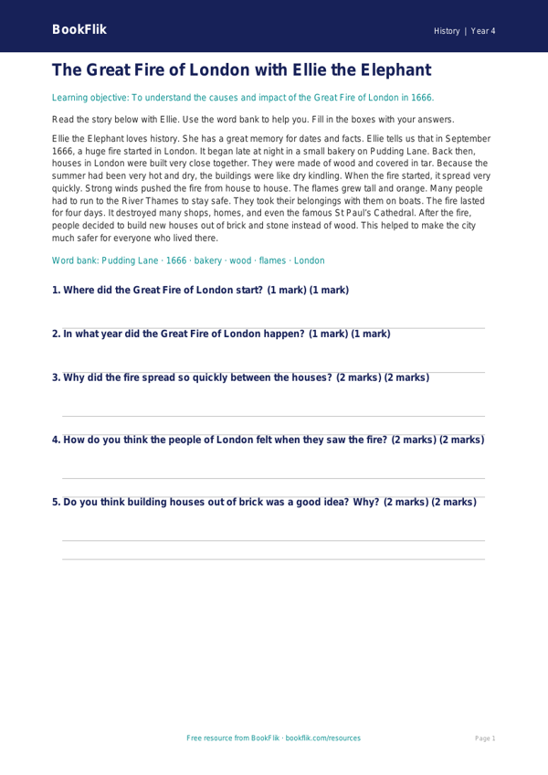 Free Great Fire Of London Comprehension | Year 4 Supported | BookFlik worksheet preview — History Great Fire Of London
