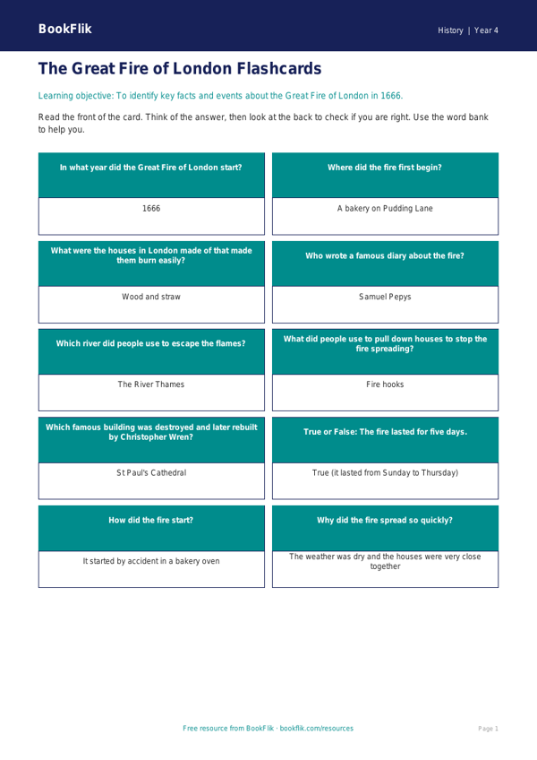 Free Great Fire Of London Flashcards | Year 4 Supported | BookFlik worksheet preview — History Great Fire Of London