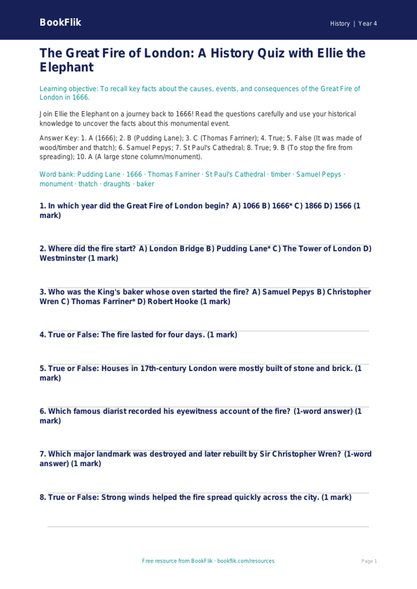 Free Great Fire Of London Quiz | Year 4 Greater Depth | BookFlik worksheet preview — History Great Fire Of London