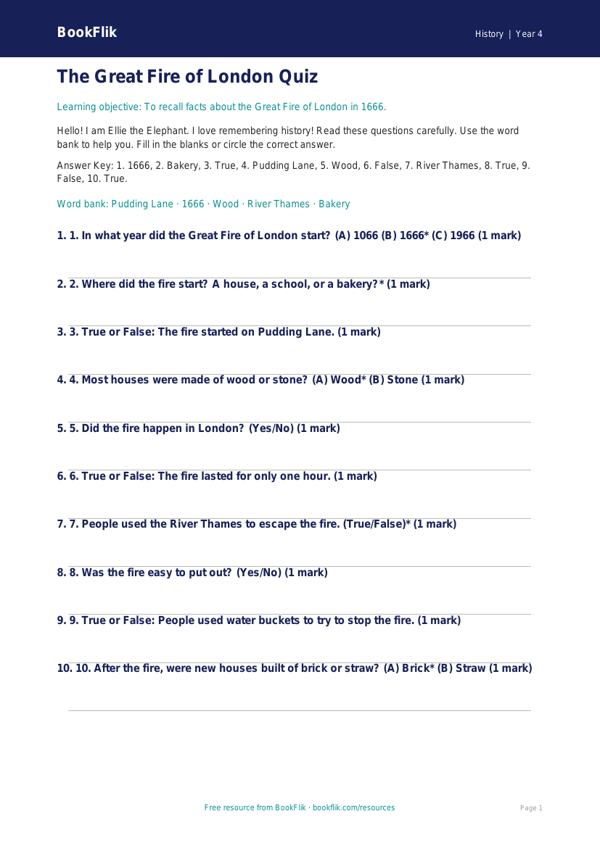Free Great Fire Of London Quiz | Year 4 Supported | BookFlik worksheet preview — History Great Fire Of London